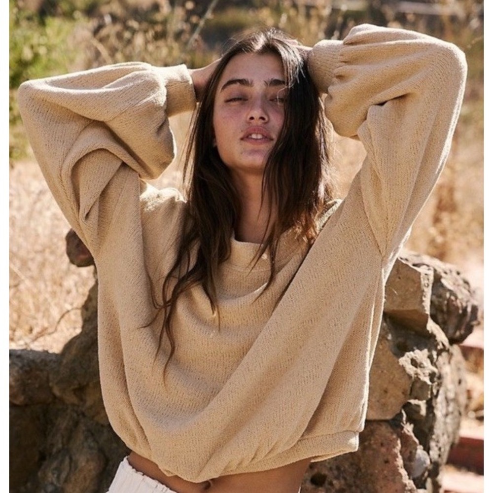 Woman's‎ Free People Beach Happy Pullover Sweatshirt Beige Size Large